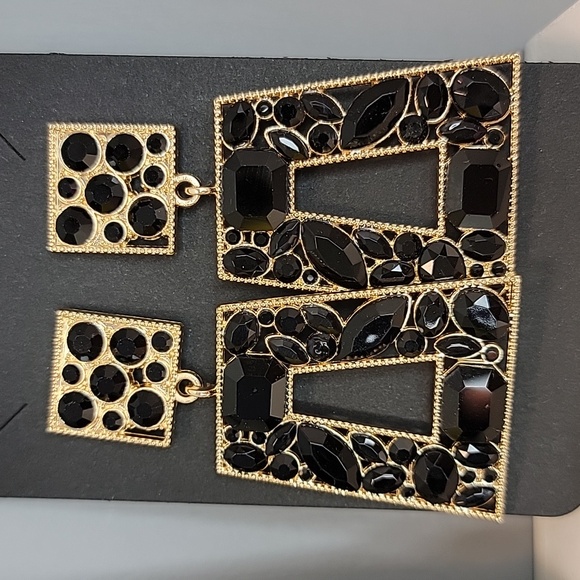 Gold Geometric Rhinestone Drop Earrings Multiple Colors - Picture 5 of 9